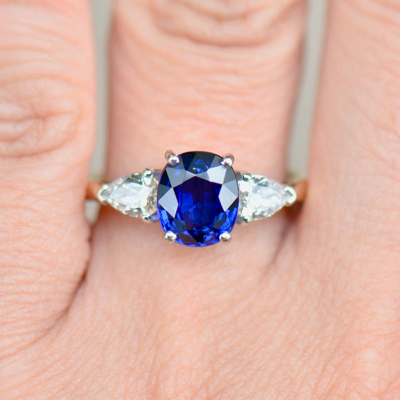 Vintage 2000s Royal Blue Sapphire & Diamond Trilogy 18CT Yellow Gold Engagement Ring (2.93cts)