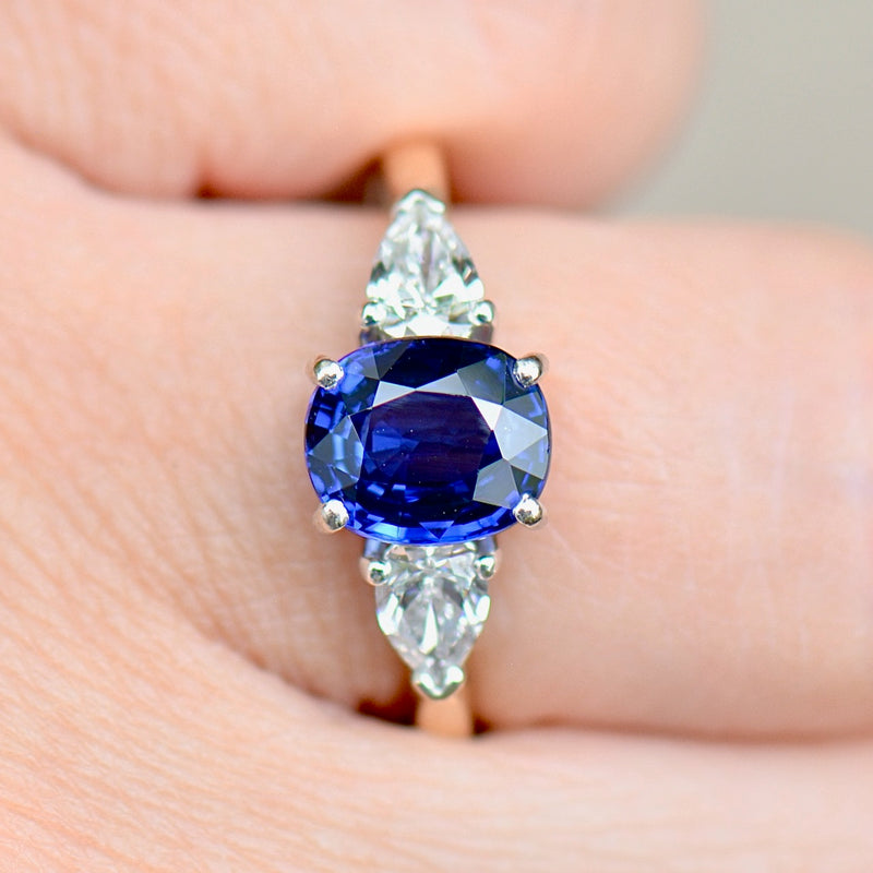 Vintage 2000s Royal Blue Sapphire & Diamond Trilogy 18CT Yellow Gold Engagement Ring (2.93cts)