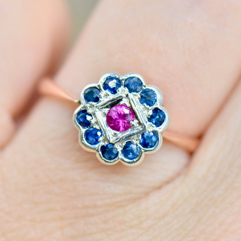 Edwardian 9ct Rose Gold & Silver Ruby and Sapphire Daisy Ring