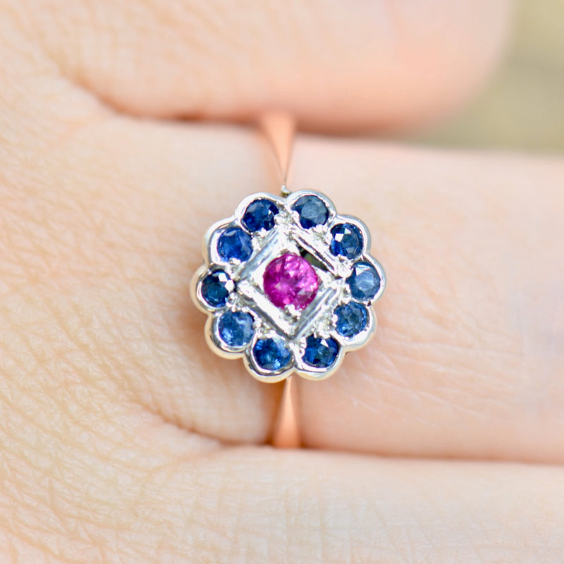 Edwardian 9ct Rose Gold & Silver Ruby and Sapphire Daisy Ring