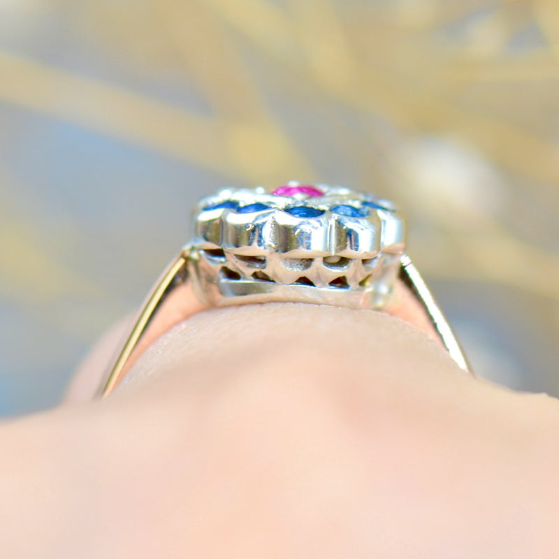 Edwardian 9ct Rose Gold & Silver Ruby and Sapphire Daisy Ring