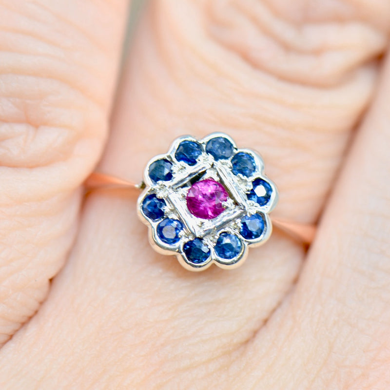 Edwardian 9ct Rose Gold & Silver Ruby and Sapphire Daisy Ring