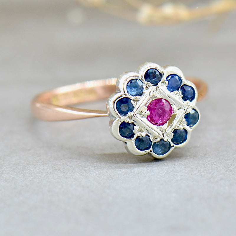 Edwardian 9ct Rose Gold & Silver Ruby and Sapphire Daisy Ring