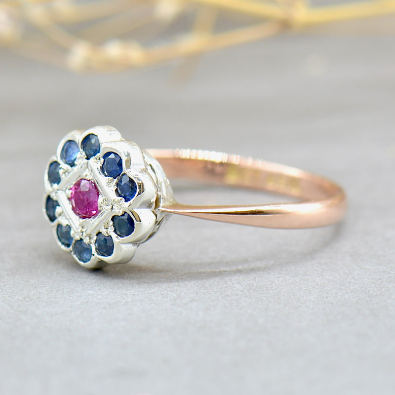 Edwardian 9ct Rose Gold & Silver Ruby and Sapphire Daisy Ring