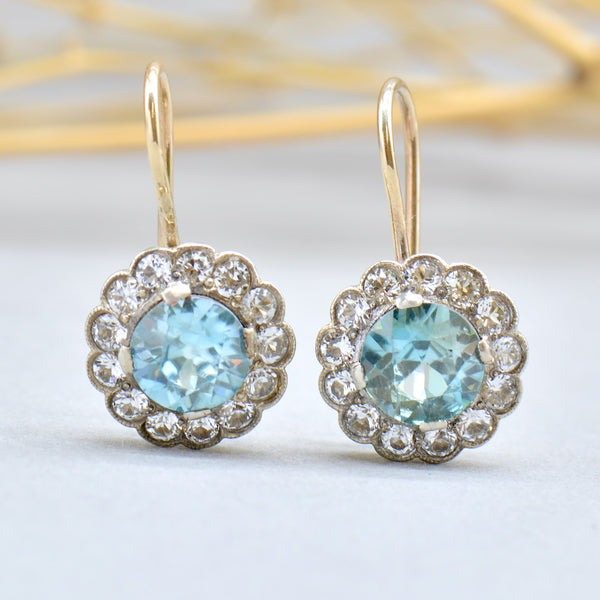 Art Deco 9ct Gold Blue & White Zircon Halo Daisy Drop Earrings (6.58cts)