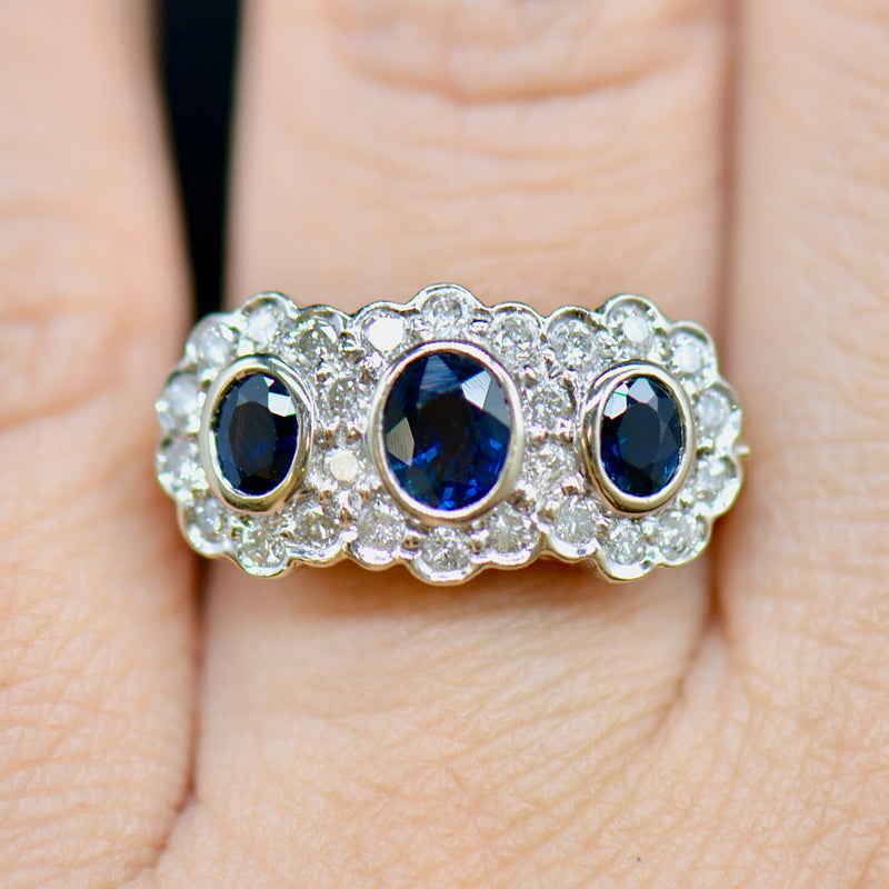 Vintage Sapphire & Diamond Triple Cluster 18ct Yellow Gold Ring