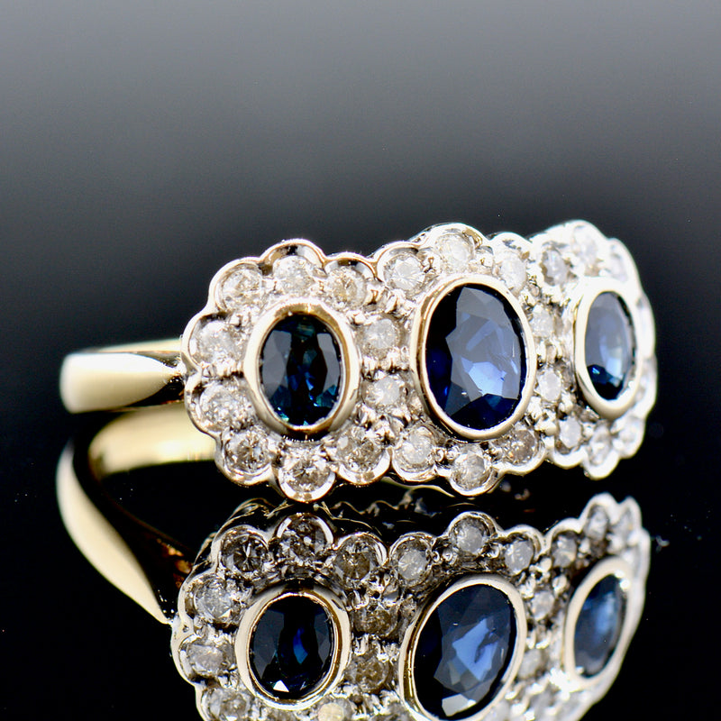 Vintage Sapphire & Diamond Triple Cluster 18ct Yellow Gold Ring