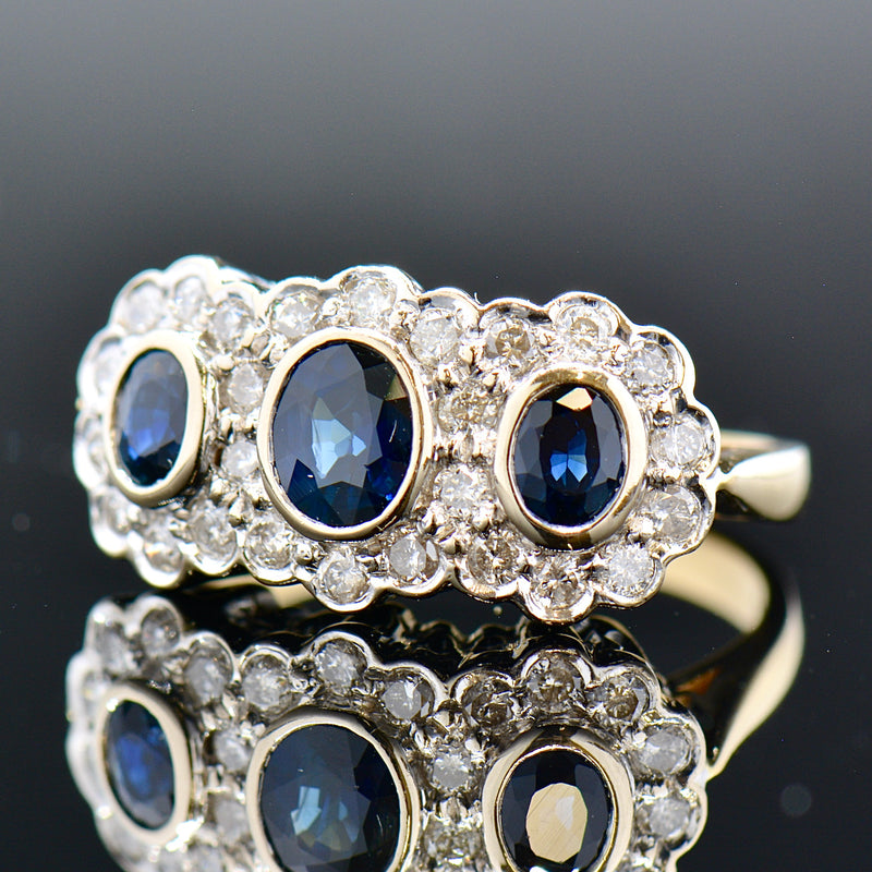 Vintage Sapphire & Diamond Triple Cluster 18ct Yellow Gold Ring