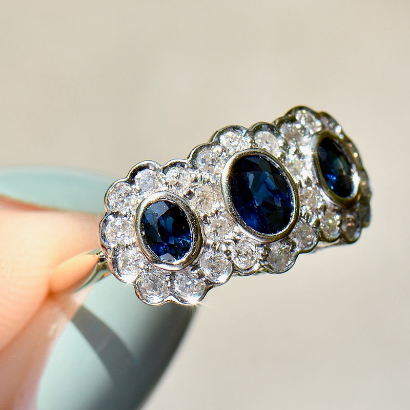 复古蓝宝石和钻石三重簇 18ct 黄金戒指（1.60cts）
