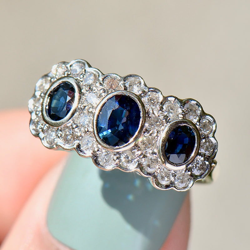 复古蓝宝石和钻石三重簇 18ct 黄金戒指（1.60cts）