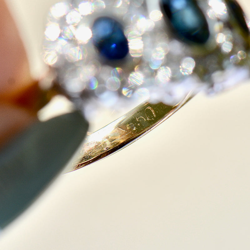 复古蓝宝石和钻石三重簇 18ct 黄金戒指（1.60cts）