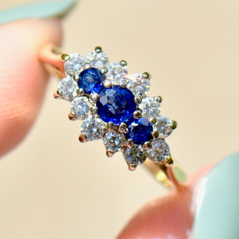 Vintage 1990s Royal Blue Sapphire & Diamond 18ct Yellow Gold Triple Cluster Engagement Ring (0.91ct)