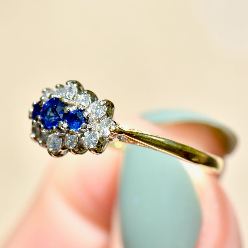 Vintage 1990s Royal Blue Sapphire & Diamond 18ct Yellow Gold Triple Cluster Engagement Ring (0.91ct)