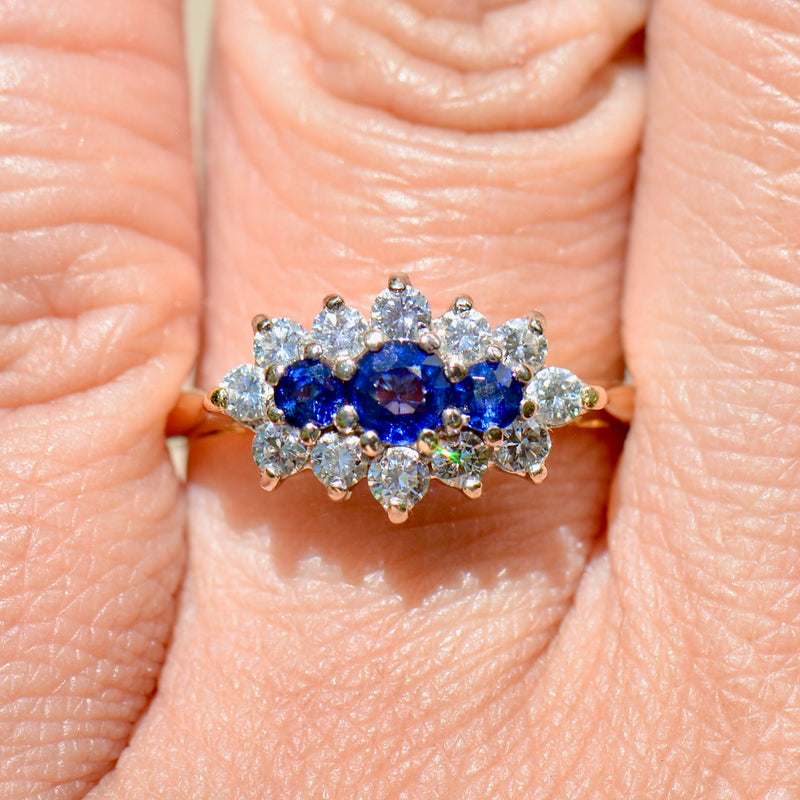 Vintage 1990s Royal Blue Sapphire & Diamond 18ct Yellow Gold Triple Cluster Engagement Ring (0.91ct)