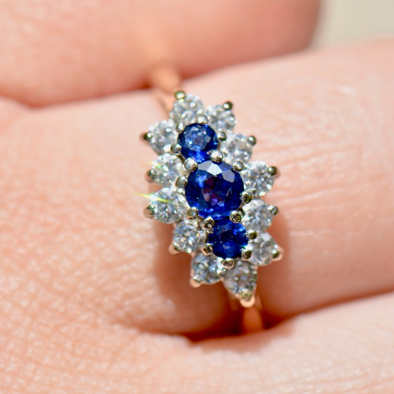 Vintage 1990s Royal Blue Sapphire & Diamond 18ct Yellow Gold Triple Cluster Engagement Ring (0.91ct)