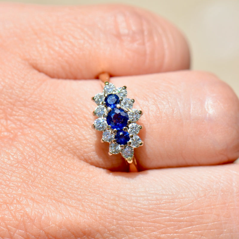 Vintage 1990s Royal Blue Sapphire & Diamond 18ct Yellow Gold Triple Cluster Engagement Ring (0.91ct)