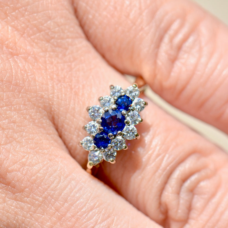 Vintage 1990s Royal Blue Sapphire & Diamond 18ct Yellow Gold Triple Cluster Engagement Ring (0.91ct)