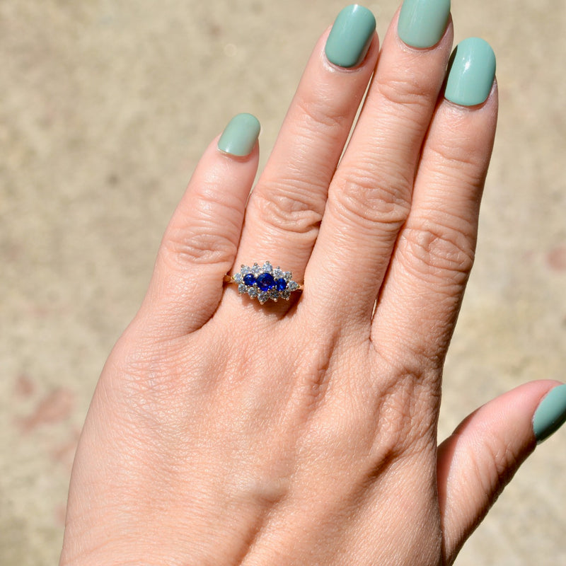 Vintage 1990s Royal Blue Sapphire & Diamond 18ct Yellow Gold Triple Cluster Engagement Ring (0.91ct)