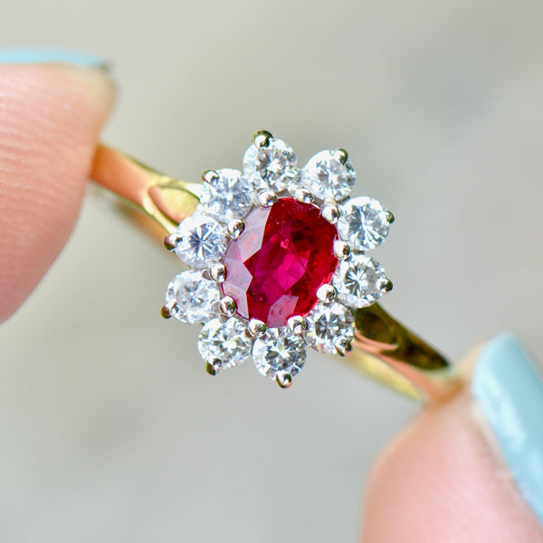 Vintage 1990s Ruby & Diamond 18ct Yellow Gold Halo Engagement Ring (1.06cts)