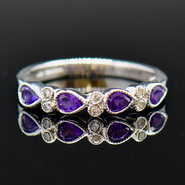 9ct White Gold Amethyst and Diamond Half Eternity Wedding Band