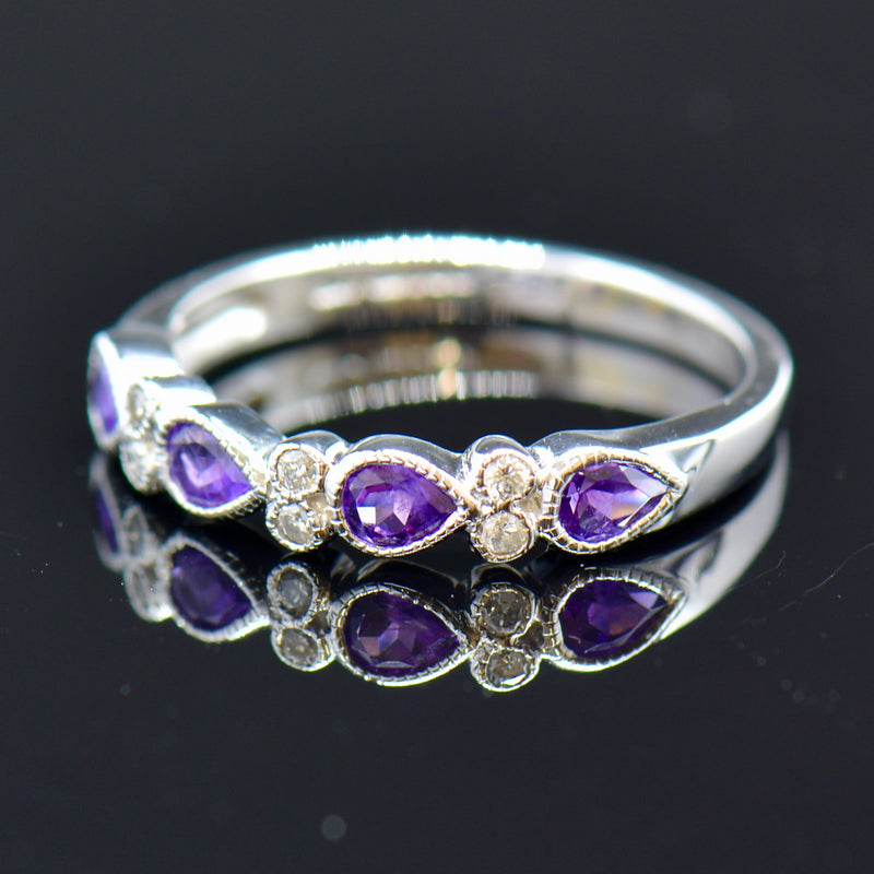 9ct White Gold Amethyst and Diamond Half Eternity Wedding Band