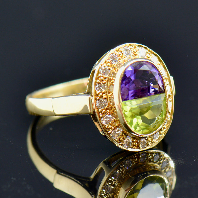 Vintage 1993 Suffragette Style Diamond Amethyst Peridot 18CT Gold Ring