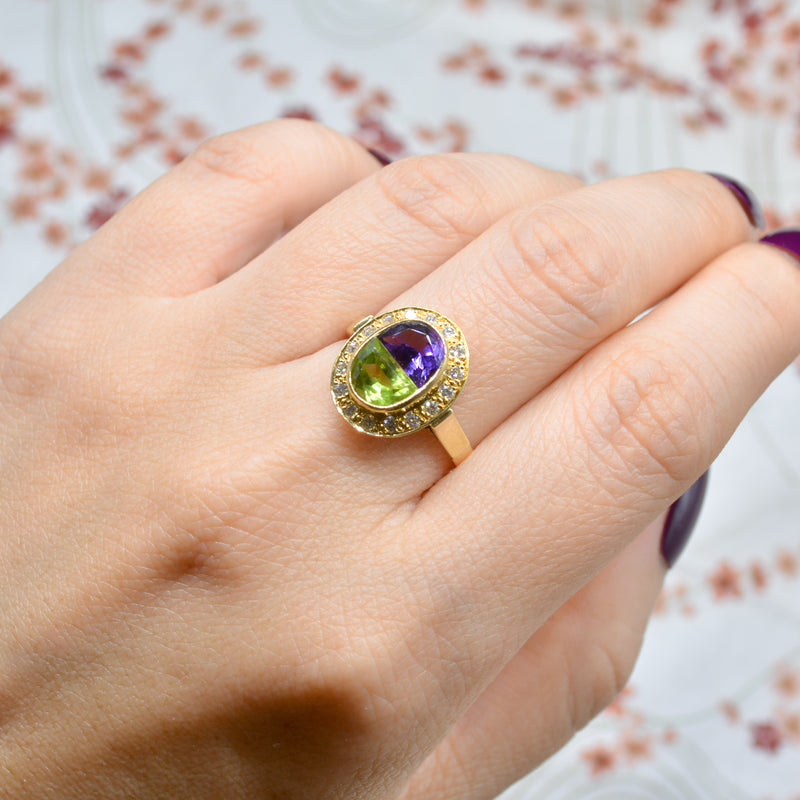 Vintage 1993 Suffragette Style Diamond Amethyst Peridot 18CT Gold Ring