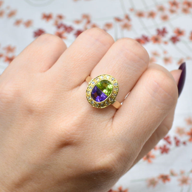 中古1993 女权派风格钻石紫水晶橄榄石18 克拉金戒指