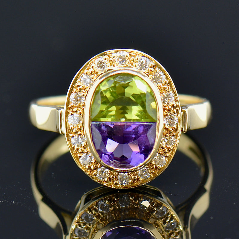 Vintage 1993 Suffragette Style Diamond Amethyst Peridot 18CT Gold Ring