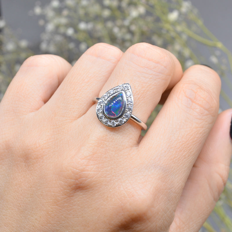 Genuine Boulder Opal Triplet & White Topaz Silver Halo Ring