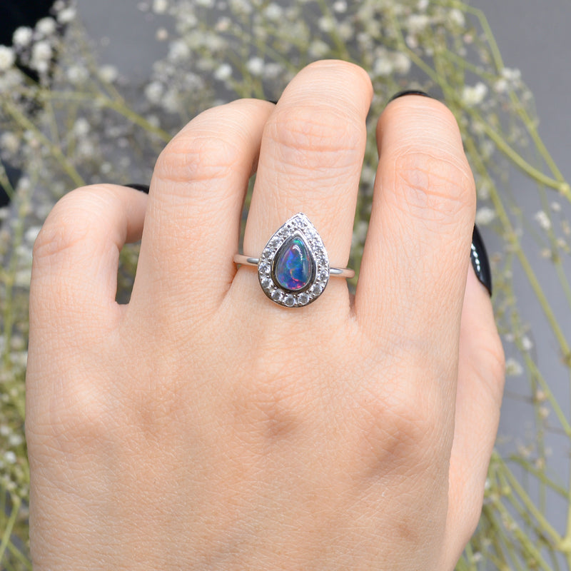 Genuine Boulder Opal Triplet & White Topaz Silver Halo Ring