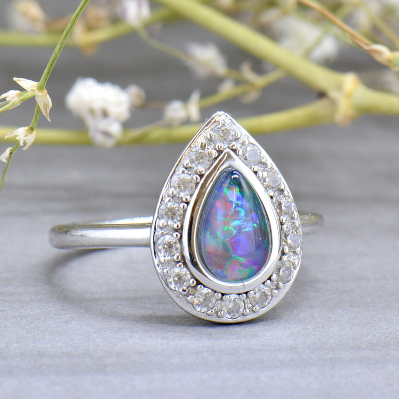 Genuine Boulder Opal Triplet & White Topaz Silver Halo Ring