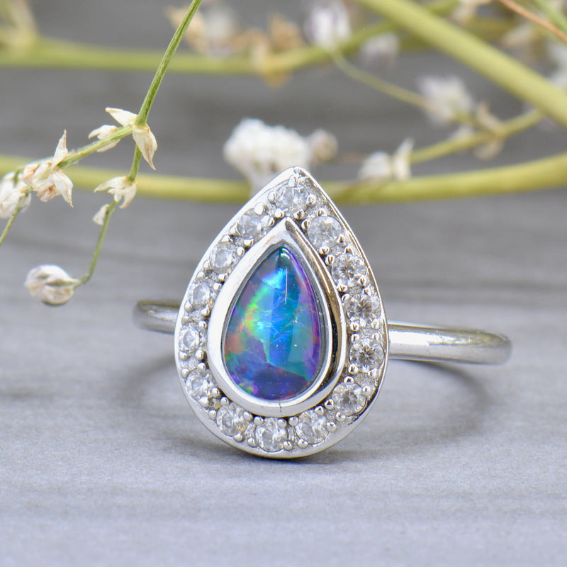 Genuine Boulder Opal Triplet & White Topaz Silver Halo Ring