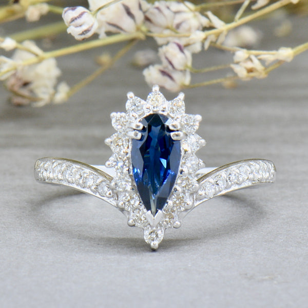 Vintage 18CT White Gold Sapphire & Diamond Pear Shape Halo Ring