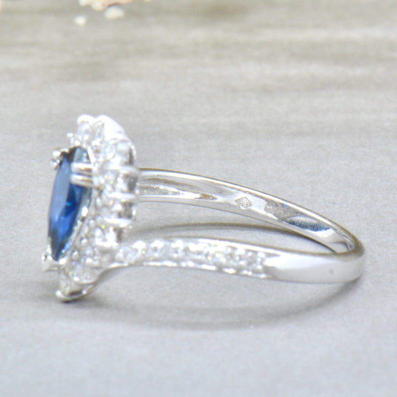 Vintage 18CT White Gold Sapphire & Diamond Pear Shape Halo Ring