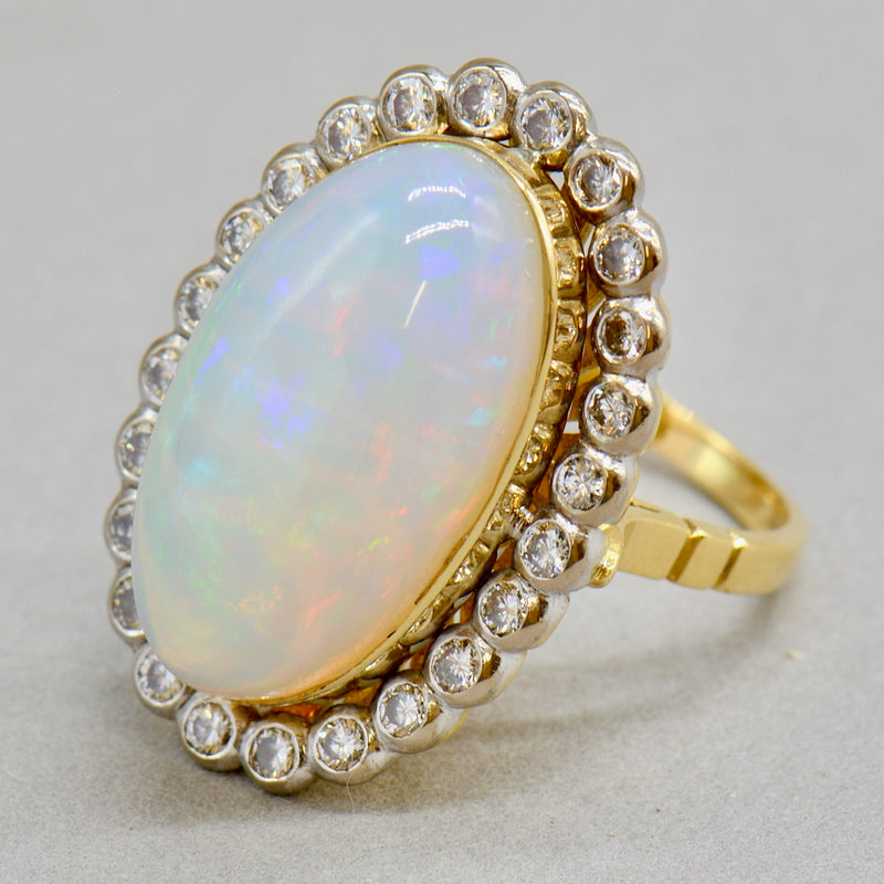 Vintage 1970s Large Jelly Opal & Diamond 18ct Yellow Gold Halo Ring (14.74cts)