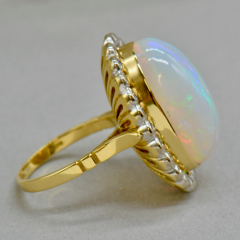 Vintage 1970s Large Jelly Opal & Diamond 18ct Yellow Gold Halo Ring (14.74cts)