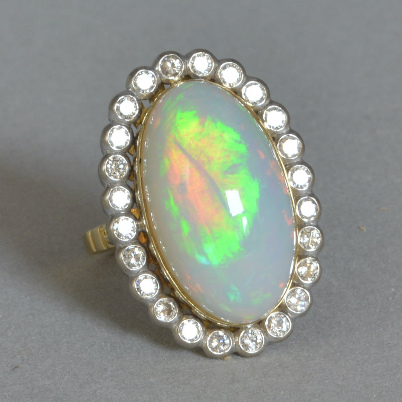 Vintage 1970s Large Jelly Opal & Diamond 18ct Yellow Gold Halo Ring (14.74cts)