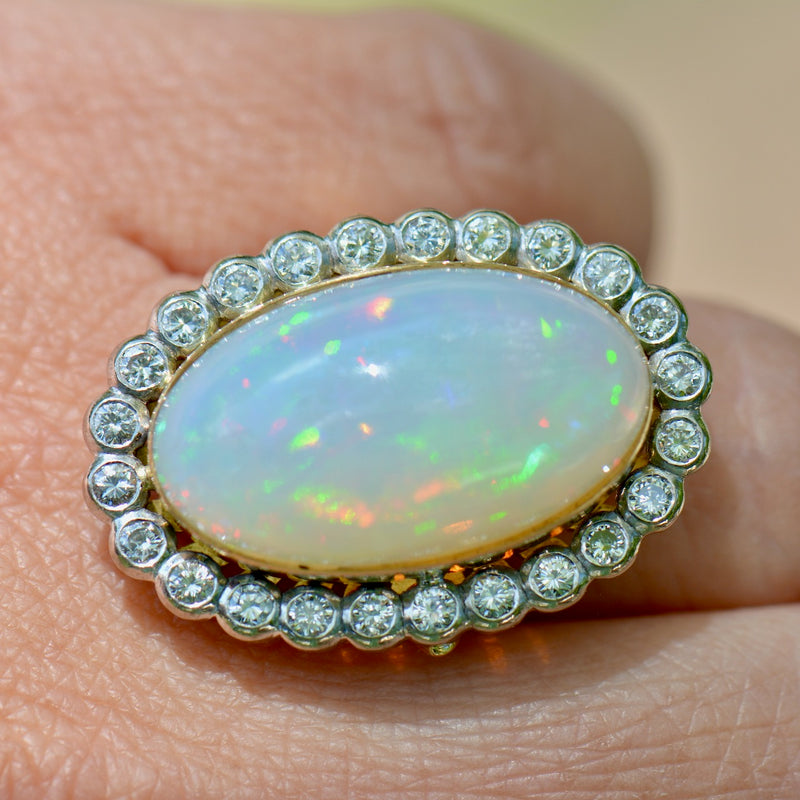 Vintage 1970s Large Jelly Opal & Diamond 18ct Yellow Gold Halo Ring (14.74cts)