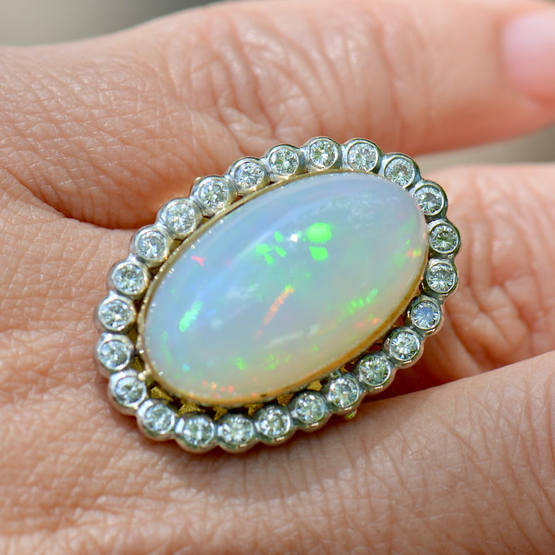 Vintage 1970s Large Jelly Opal & Diamond 18ct Yellow Gold Halo Ring (14.74cts)