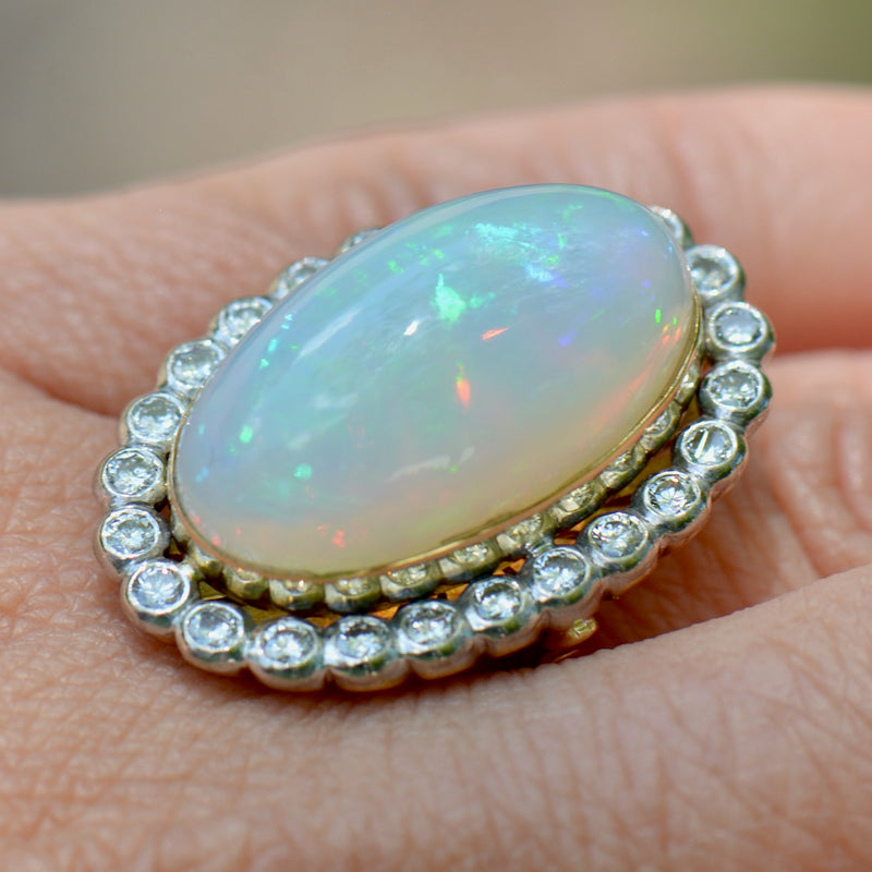 Vintage 1970s Large Jelly Opal & Diamond 18ct Yellow Gold Halo Ring (14.74cts)