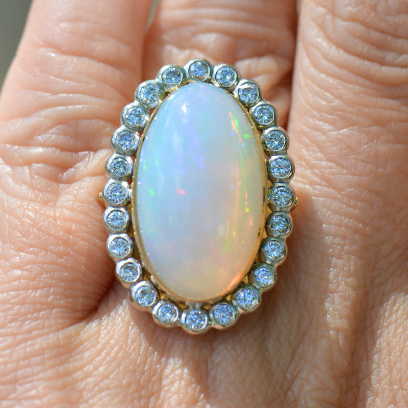 Vintage 1970s Large Jelly Opal & Diamond 18ct Yellow Gold Halo Ring (14.74cts)