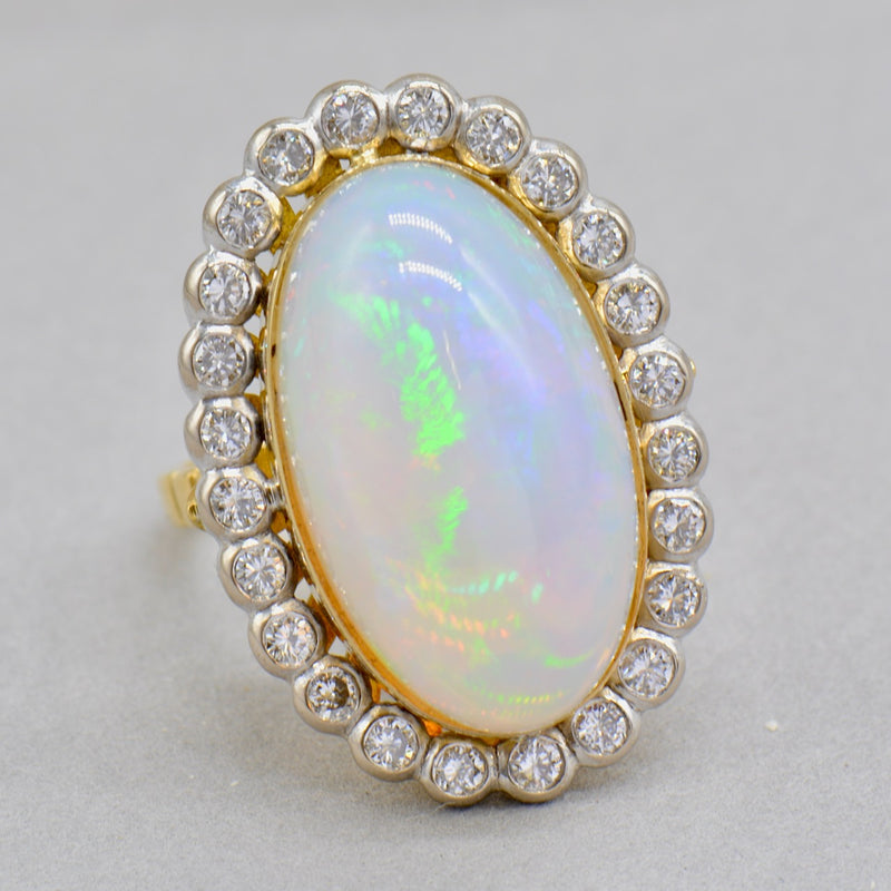 Vintage 1970s Large Jelly Opal & Diamond 18ct Yellow Gold Halo Ring (14.74cts)