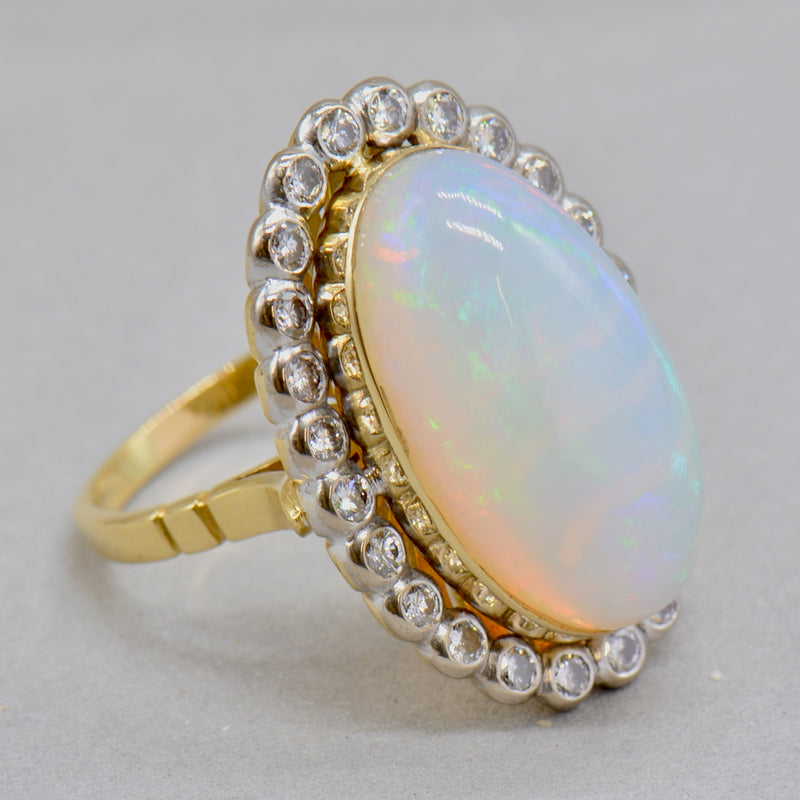 Vintage 1970s Large Jelly Opal & Diamond 18ct Yellow Gold Halo Ring (14.74cts)