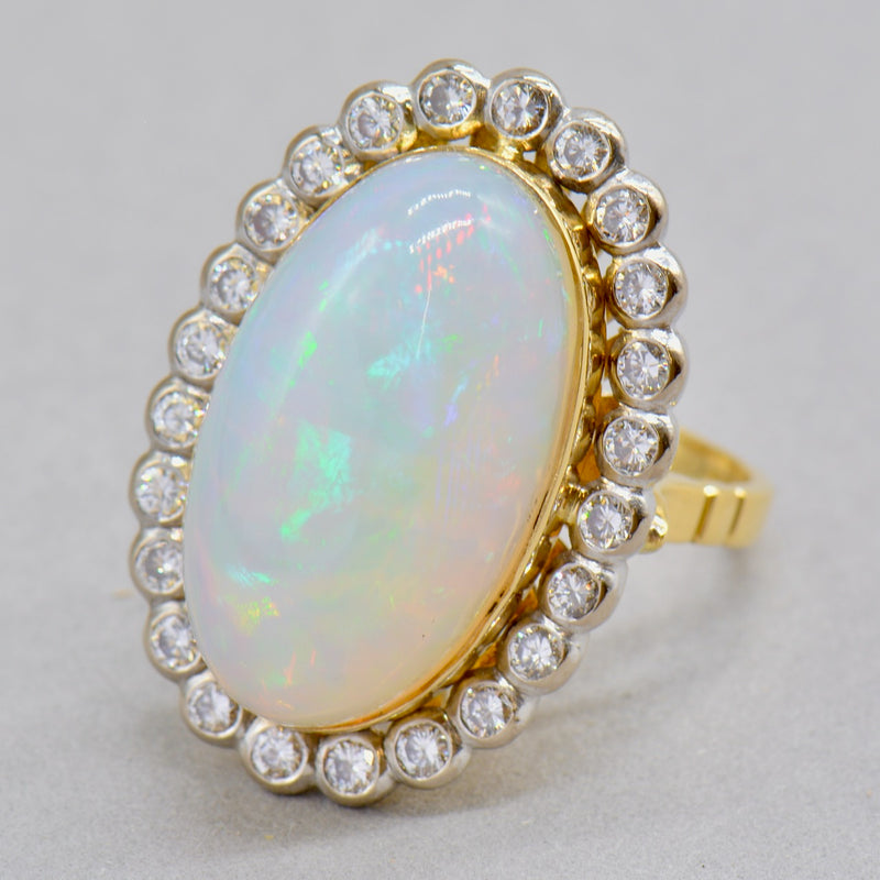 Vintage 1970s Large Jelly Opal & Diamond 18ct Yellow Gold Halo Ring (14.74cts)