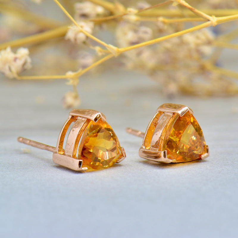 9CT Rose Gold Trillion Cut Golden Citrine Stud Earrings (1.40cts)