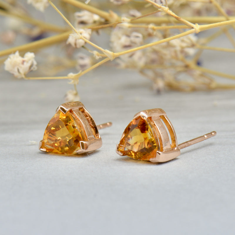 9CT Rose Gold Trillion Cut Golden Citrine Stud Earrings (1.40cts)