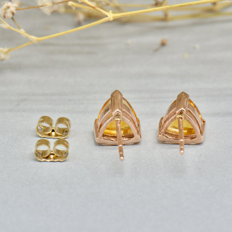 9CT Rose Gold Trillion Cut Golden Citrine Stud Earrings (1.40cts)