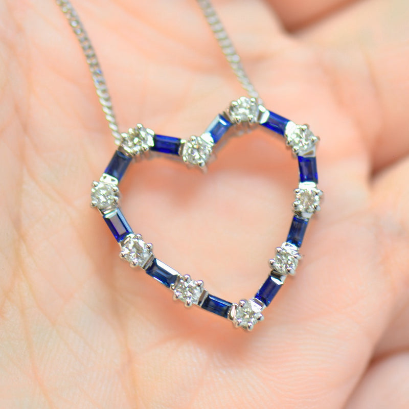 18ct White Gold Sapphire & Diamond Heart-Shaped Pendant & Chain (0.93ct)