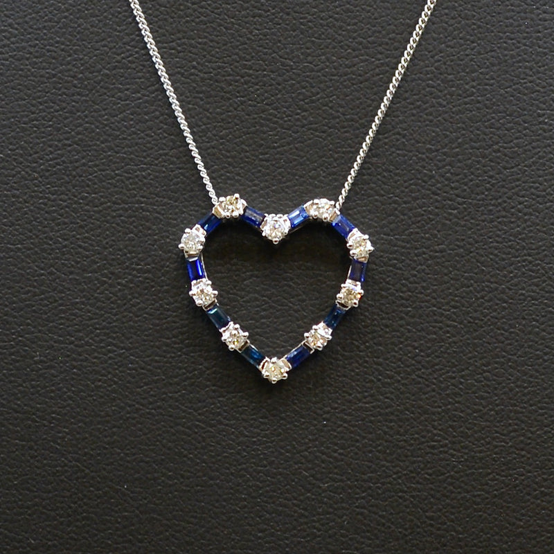 18ct White Gold Sapphire & Diamond Heart-Shaped Pendant & Chain (0.93ct)